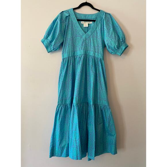 Gretchen Scott Designs Dresses & Skirts - Gretchen Scott Blue Viviers Tiered Maxi Dress Short Sleeve Flowy Cotton Small